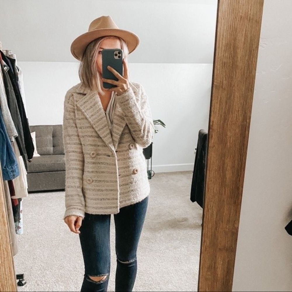 Elodie Shadow Striped Double Breasted Coat Ivory Blush Fuzzy Jacket Coat M
